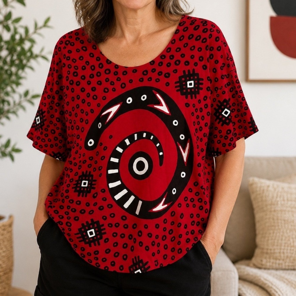 L'Eau Vive Red Black Abstract Geometric Art Print Top Art Wear Vintage 80s 90s